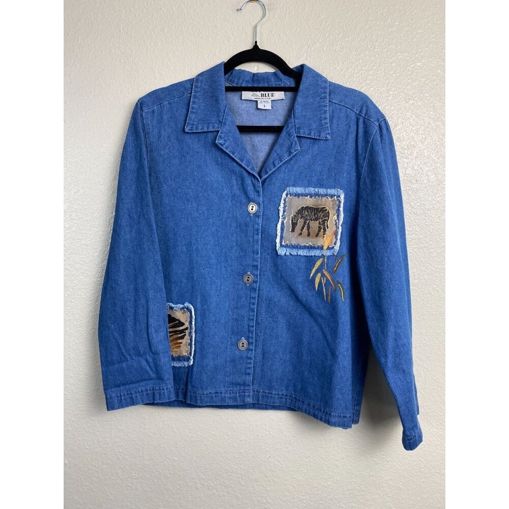 Vintage Blue Artsy denim Long Sleeve Button up Top Women Large Western Horse USA
